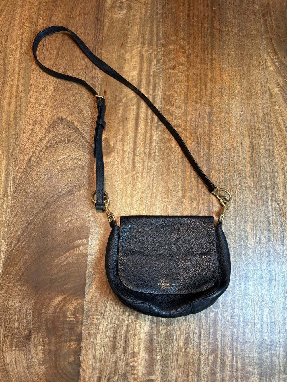 Tory Burch New York Crossbody Bag Womens Small Black Leather Flap Saddle Purse